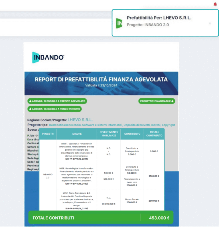 RICEZIONE NOTIFICA E REPORT DI PREFATTIBILITÁ